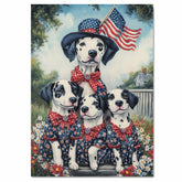 Mother Dalmatian Dog and Three Puppies in Patriotic Star Outfits with American Flag on Ready to Hang 1.5" Thick Canvas Wrap, Floating Framed Canvas, Flat Rolled Canvas